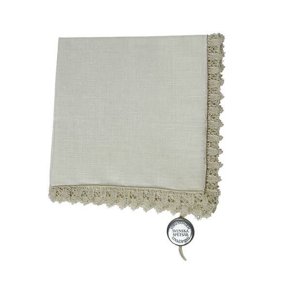 Handkerchief Sweden Vintage Ivory Beige Linen Delicate Swedish Lace Trim 8x8 - Picture 3 of 7